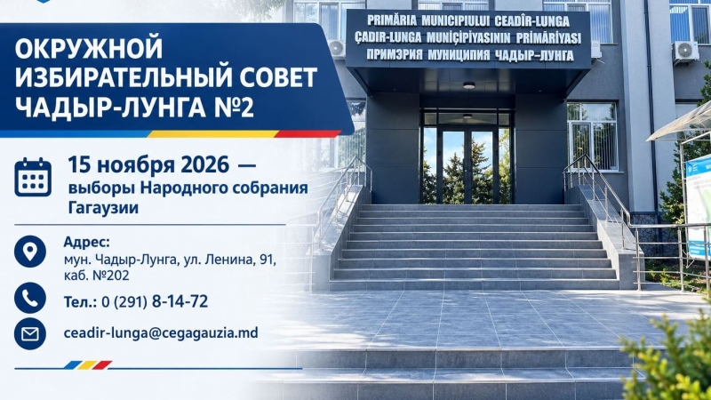 Окружной избирательный совет Чадыр-Лунги информирует о своем месте нахождении и контактных данных